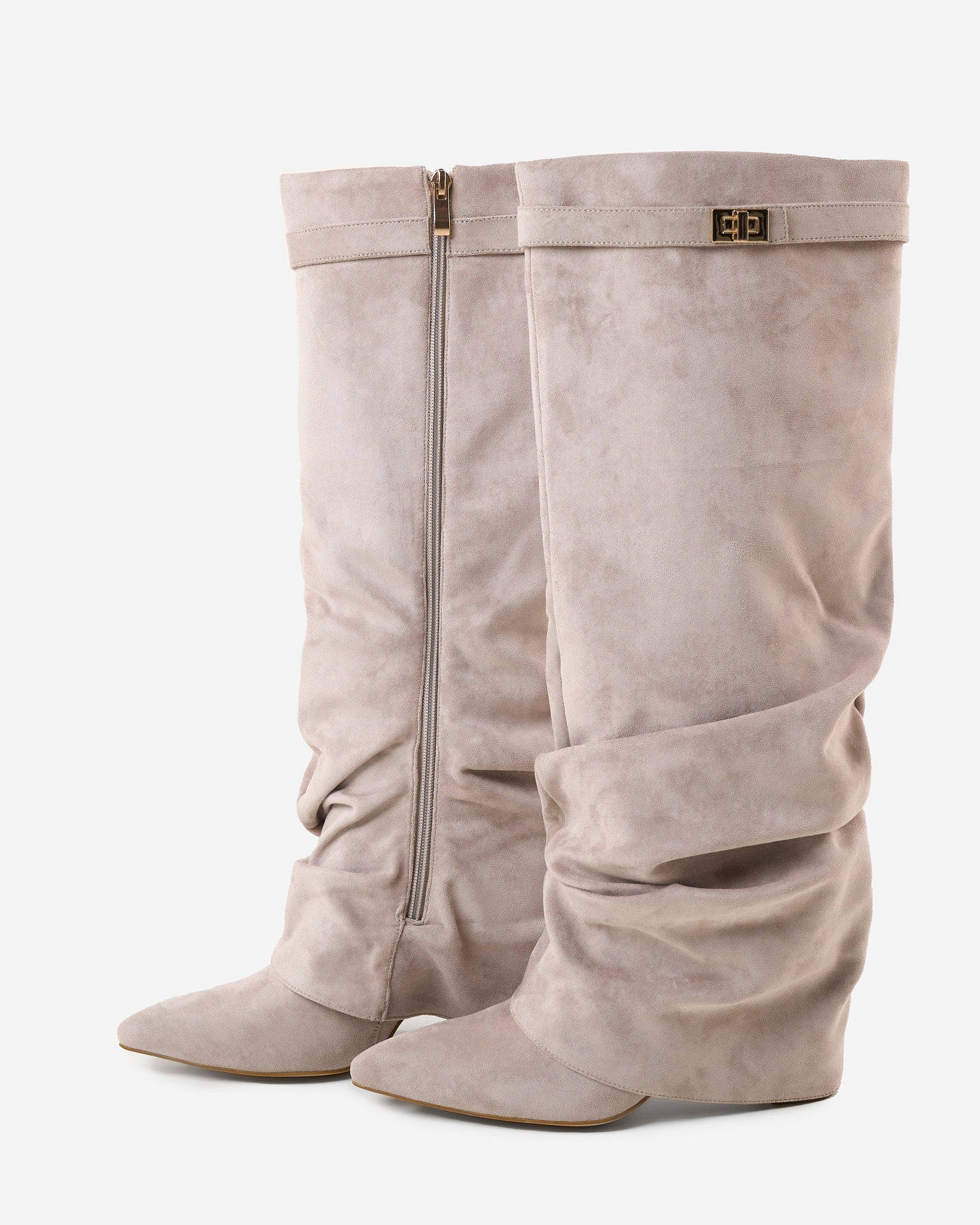 Women's taupe slouchy knee-high boots with pointed toes and low wedge heels