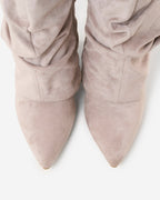 Women's taupe slouchy knee-high boots with pointed toes and low wedge heels