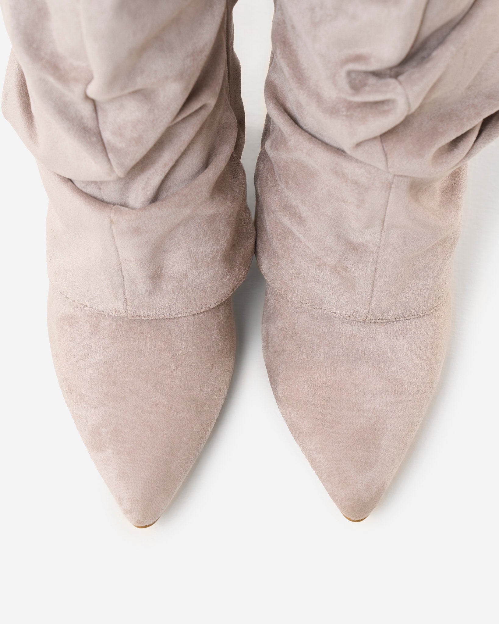 Women's taupe slouchy knee-high boots with pointed toes and low wedge heels