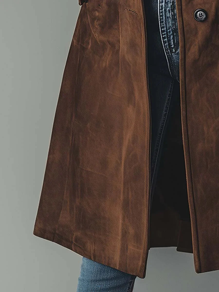 Women's long patchwork trench coat with notched collar and button front