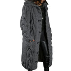 Women's longline hooded cable knit cardigan with button front