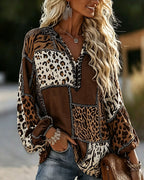 Women's leopard colour block blouse with long sleeves and V-neckline