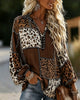 Women's leopard colour block blouse with long sleeves and V-neckline
