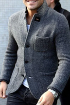 Men's textured button-front cardigan with stand collar and patch pockets