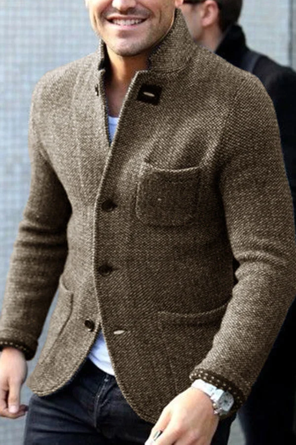 Men's textured button-front cardigan with stand collar and patch pockets