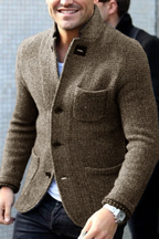 Men's textured button-front cardigan with stand collar and patch pockets