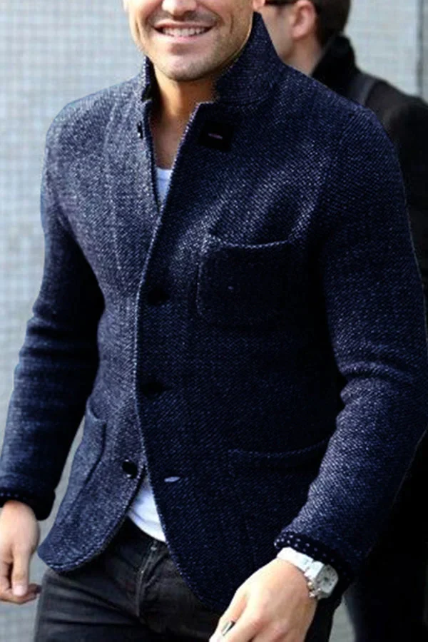 Men's textured button-front cardigan with stand collar and patch pockets