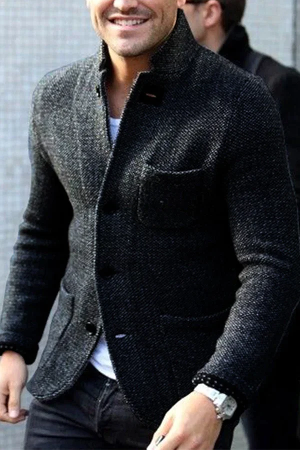 Men's textured button-front cardigan with stand collar and patch pockets