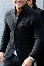 Men's textured button-front cardigan with stand collar and patch pockets
