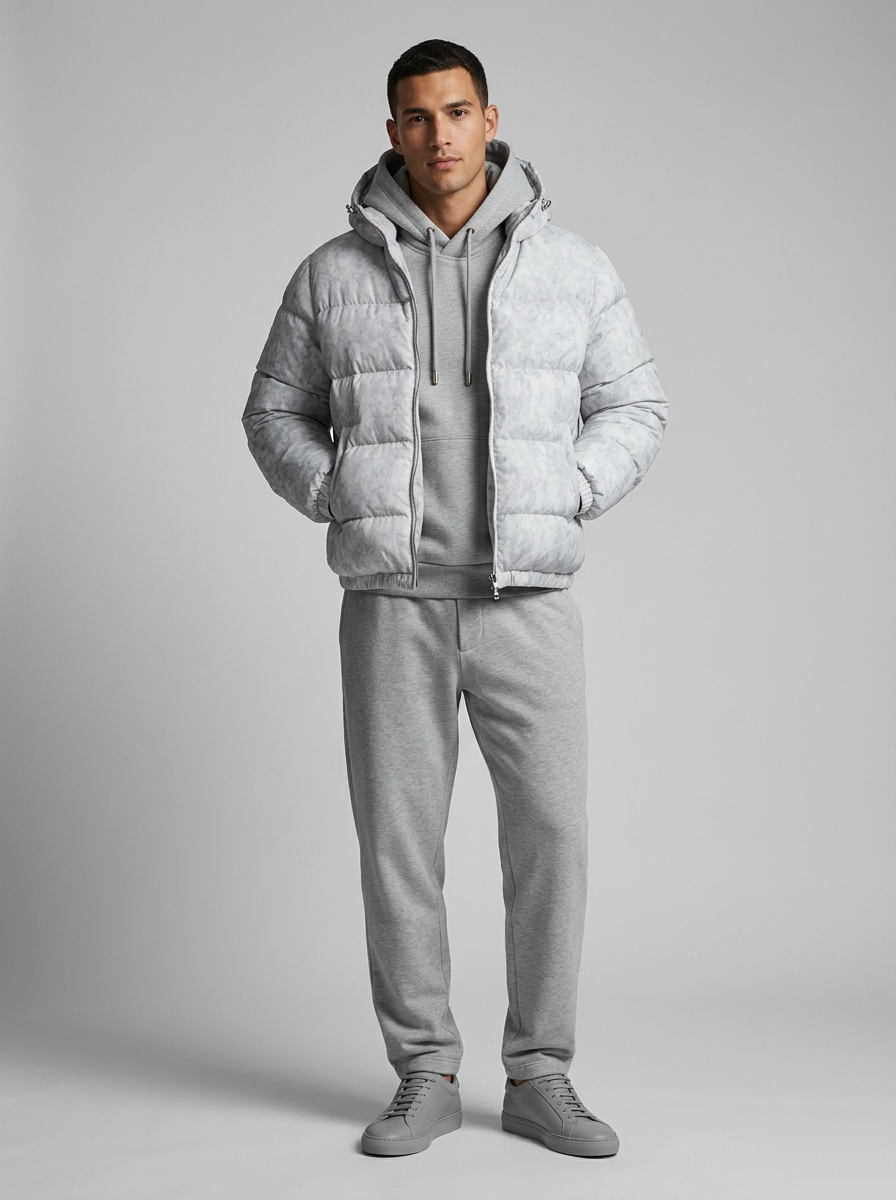 Men's hooded quilted puffer jacket with zip front and front pockets
