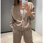Women's knit cardigan and wide-leg trousers co-ord set