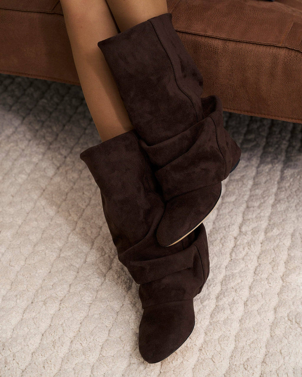Women's brown slouch mid-calf boots with pointed toes and low heels