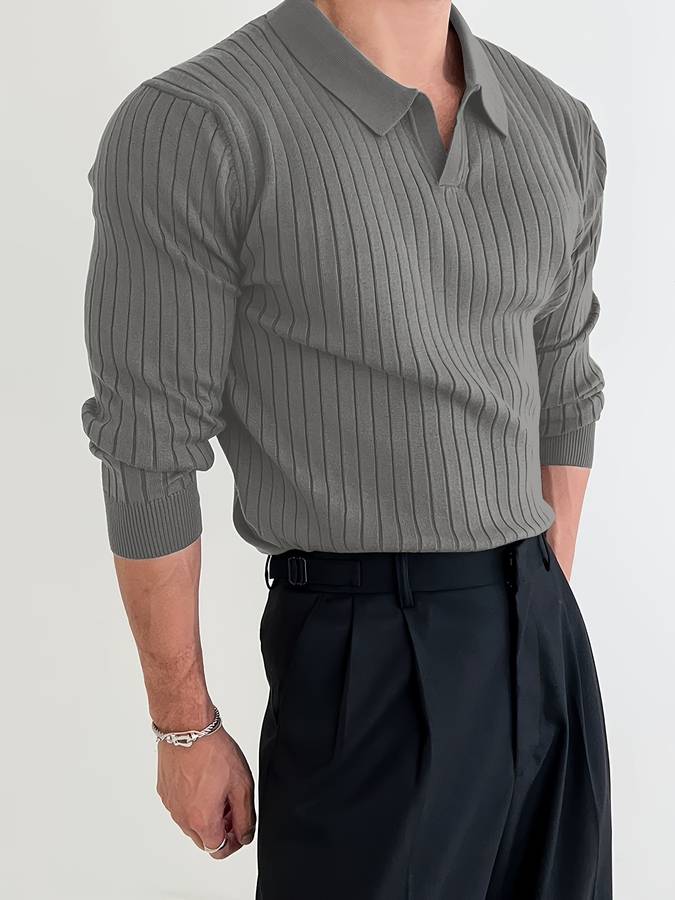 Men's Ribbed Open-Collar Polo Jumper