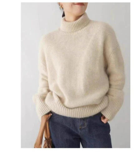 Women's plain turtleneck sweater with ribbed collar and cuffs