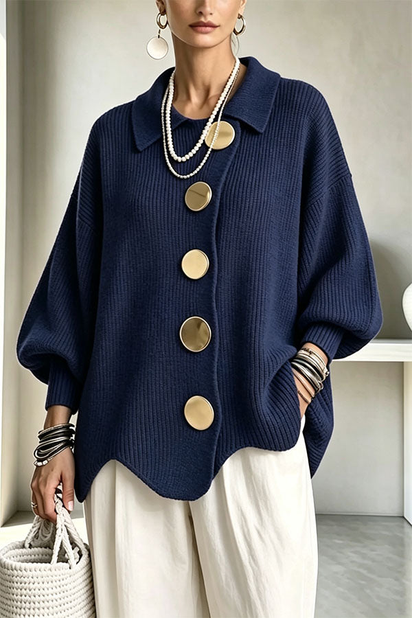 Women's oversized ribbed cardigan with collared neckline, balloon sleeves and large front buttons