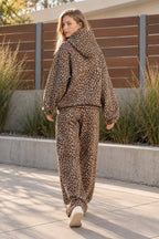 Women's leopard print hooded sweatshirt and matching full-length trousers set