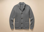 Men's textured knitted buttoned cardigan with shawl-style collar and front patch pockets