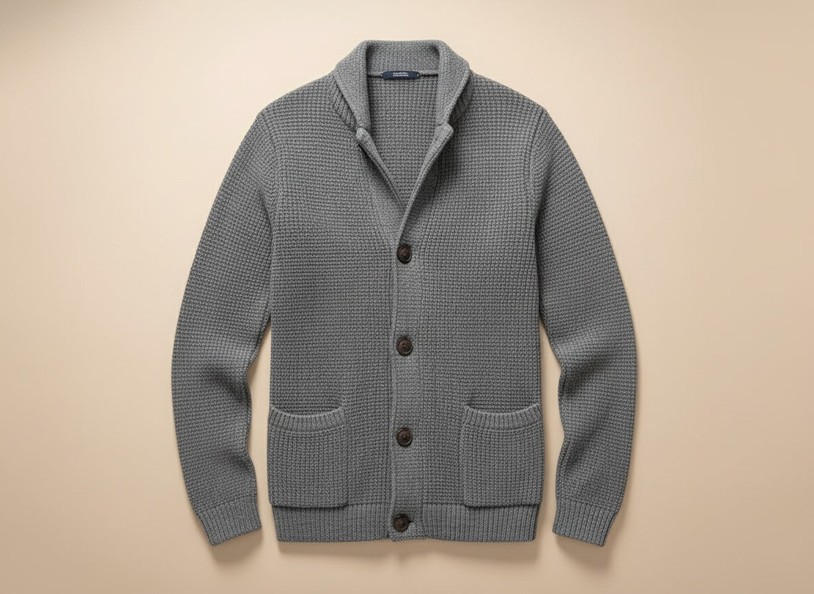 Men's textured knitted buttoned cardigan with shawl-style collar and front patch pockets