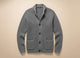 Men's textured knitted buttoned cardigan with shawl-style collar and front patch pockets