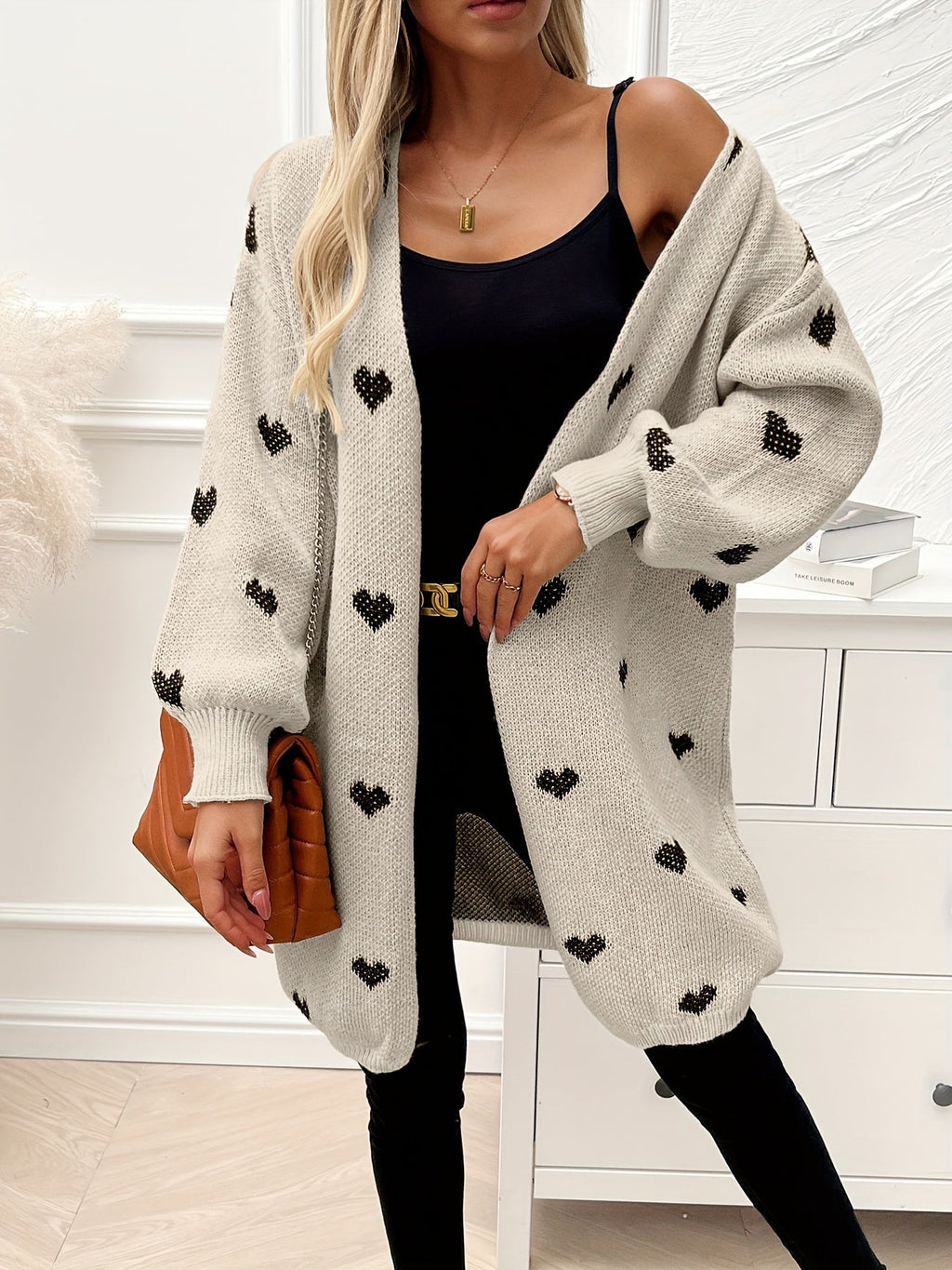Women's heart print longline cardigan with open front and long sleeves