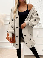 Women's heart print longline cardigan with open front and long sleeves