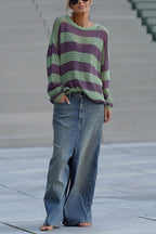 Women's striped open-knit sweater with crew neckline and long sleeves