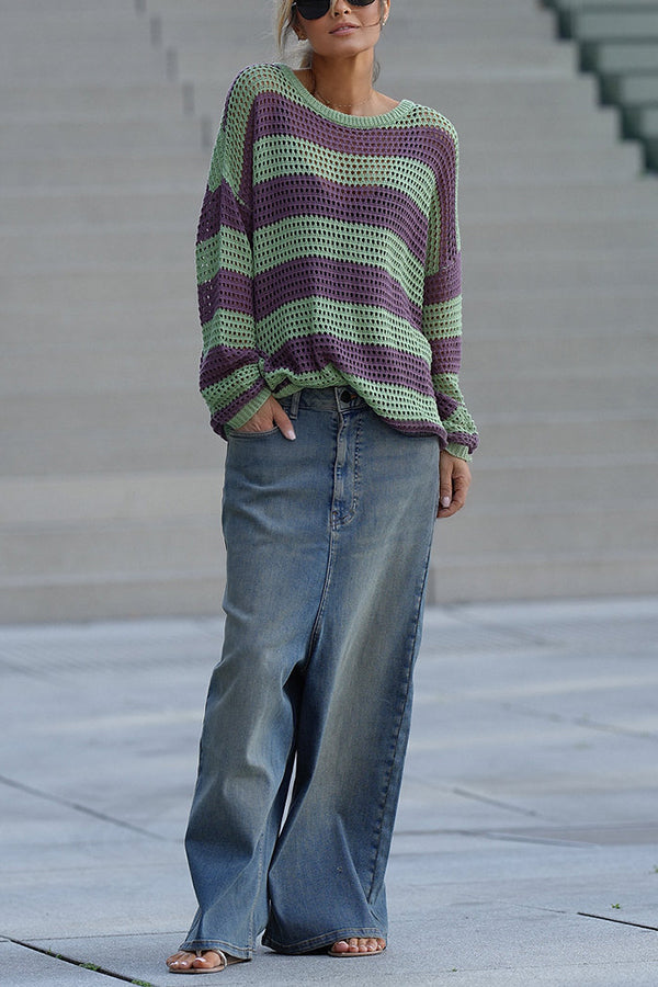 Women's striped open-knit sweater with crew neckline and long sleeves