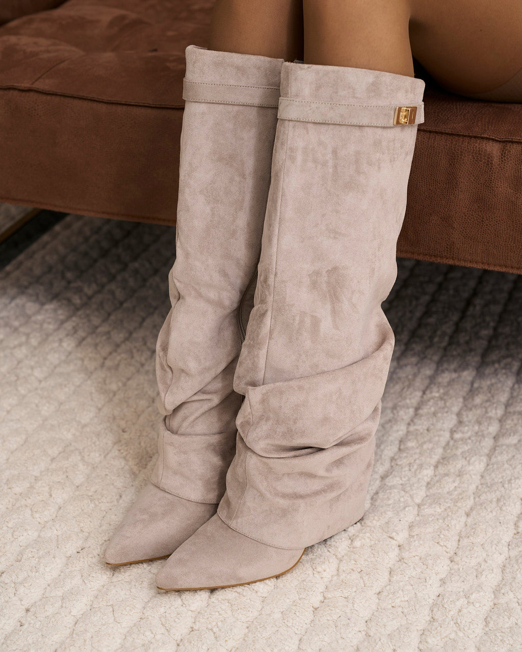 Women's taupe slouchy knee-high boots with pointed toes and low wedge heels