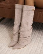 Women's taupe slouchy knee-high boots with pointed toes and low wedge heels