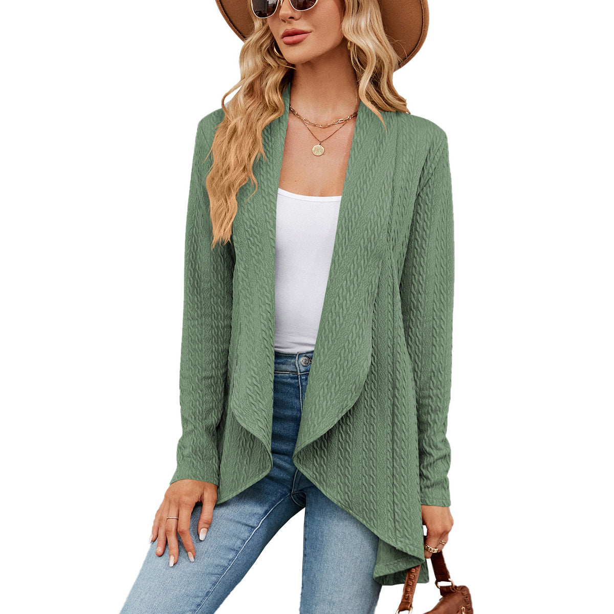 Women's open front textured cable cardigan with long sleeves and draped front panels