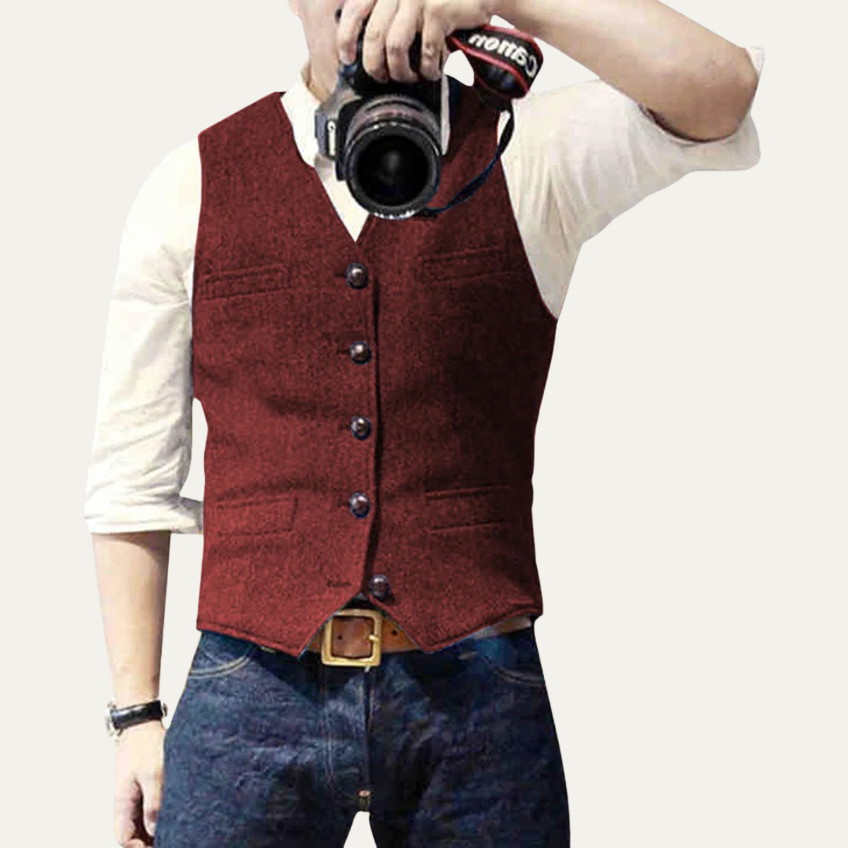 Men's sleeveless textured vest with V-neckline, buttons and front welt pockets