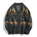 Men's grey geometric patterned cardigan with V-neck and button front