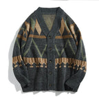 Men's grey geometric patterned cardigan with V-neck and button front