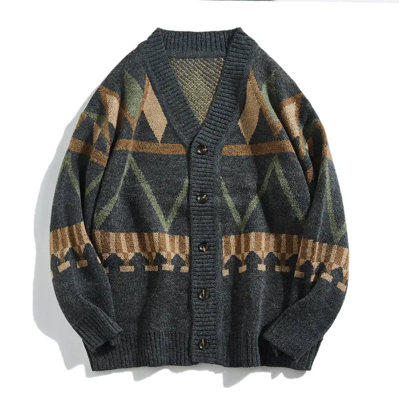 Men's grey geometric patterned cardigan with V-neck and button front