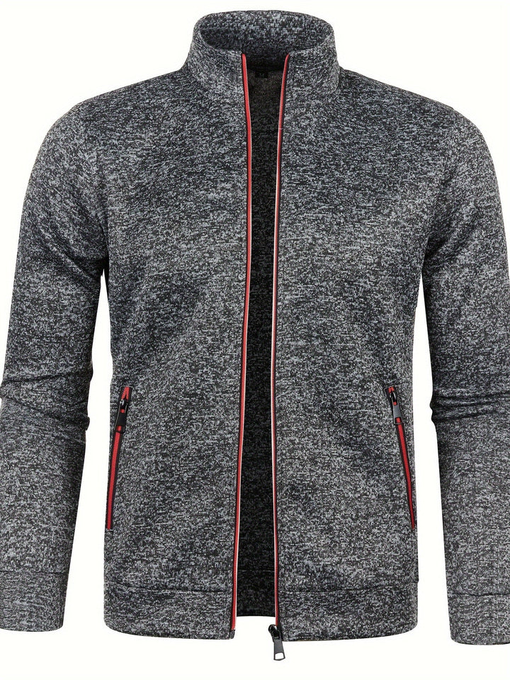 Men's textured zip-up cardigan with stand collar and zipped pockets