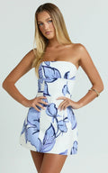 Women's blue floral strapless A-line mini dress