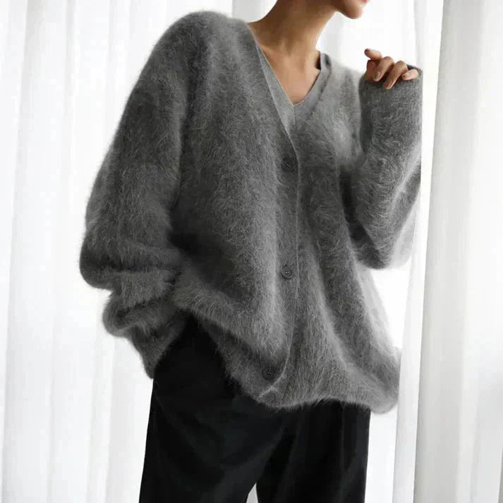 Women's textured V-neck knit cardigan with button front