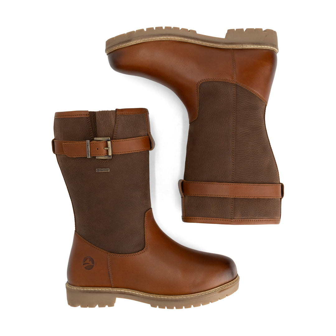 Brown tall boots with buckle straps, rounded toes and low heels