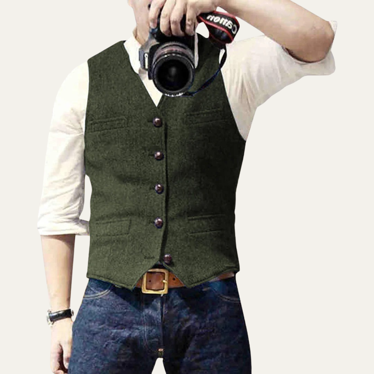 Men's sleeveless textured vest with V-neckline, buttons and front welt pockets