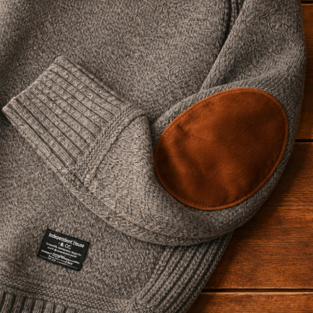 Women's crew-neck knit sweater with raglan sleeves and elbow patches