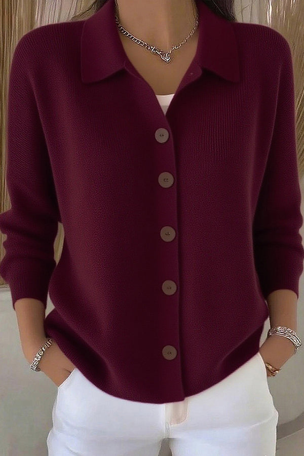 Women's plain knit cardigan with shirt collar, long sleeves and button front
