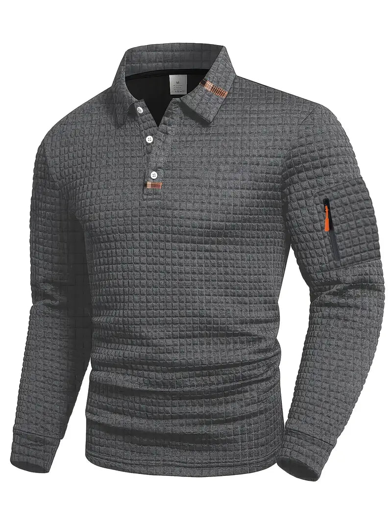 Men's long-sleeve textured quilted polo sweater with button placket and sleeve zip pocket