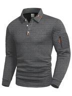 Men's long-sleeve textured quilted polo sweater with button placket and sleeve zip pocket