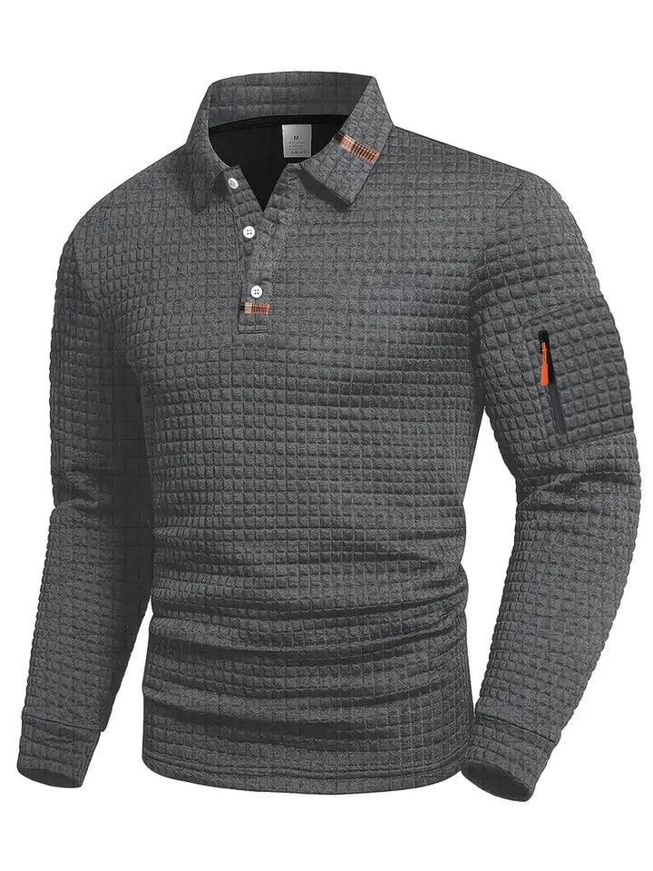Men's long-sleeve textured quilted polo sweater with button placket and sleeve zip pocket