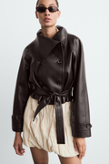 Women's cropped wrap jacket with long sleeves, wide collar and tie belt