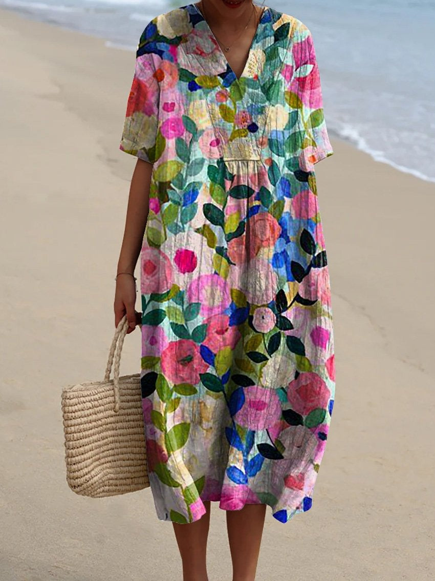 Women's floral V-neck shift dress with short sleeves and knee-length hem