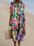 Women's floral V-neck shift dress with short sleeves and knee-length hem