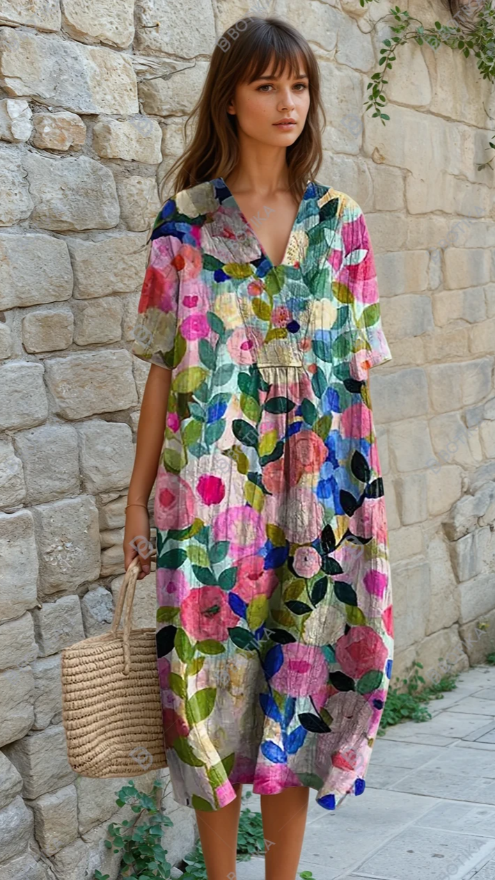 Women's floral V-neck shift dress with short sleeves and knee-length hem
