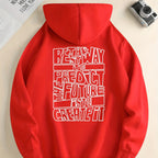 Men's hooded sweatshirt with large outlined text print on the back