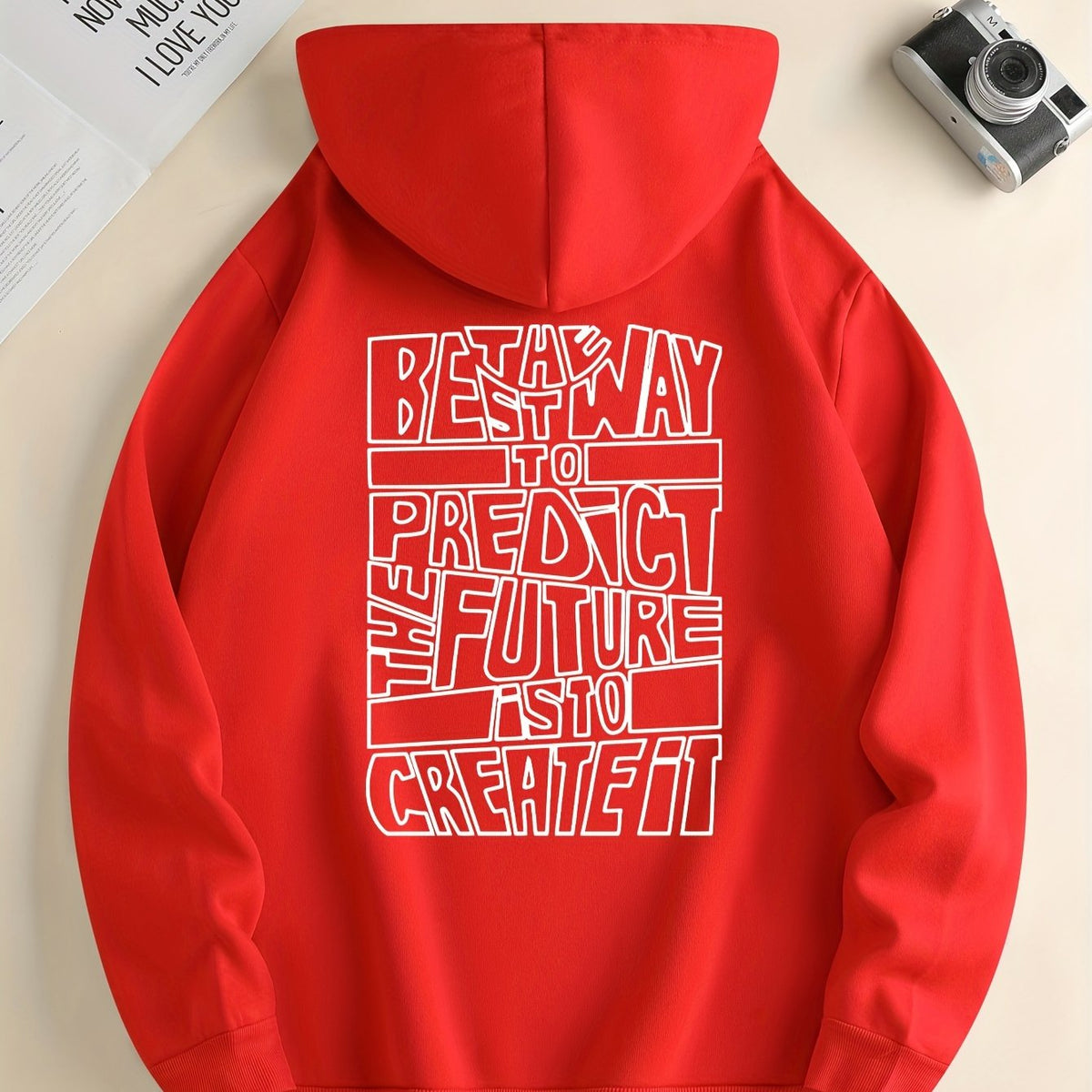 Men's hooded sweatshirt with large outlined text print on the back